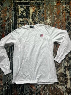 Lands' End White Long-Sleeve Tee with Small American Flag Patch